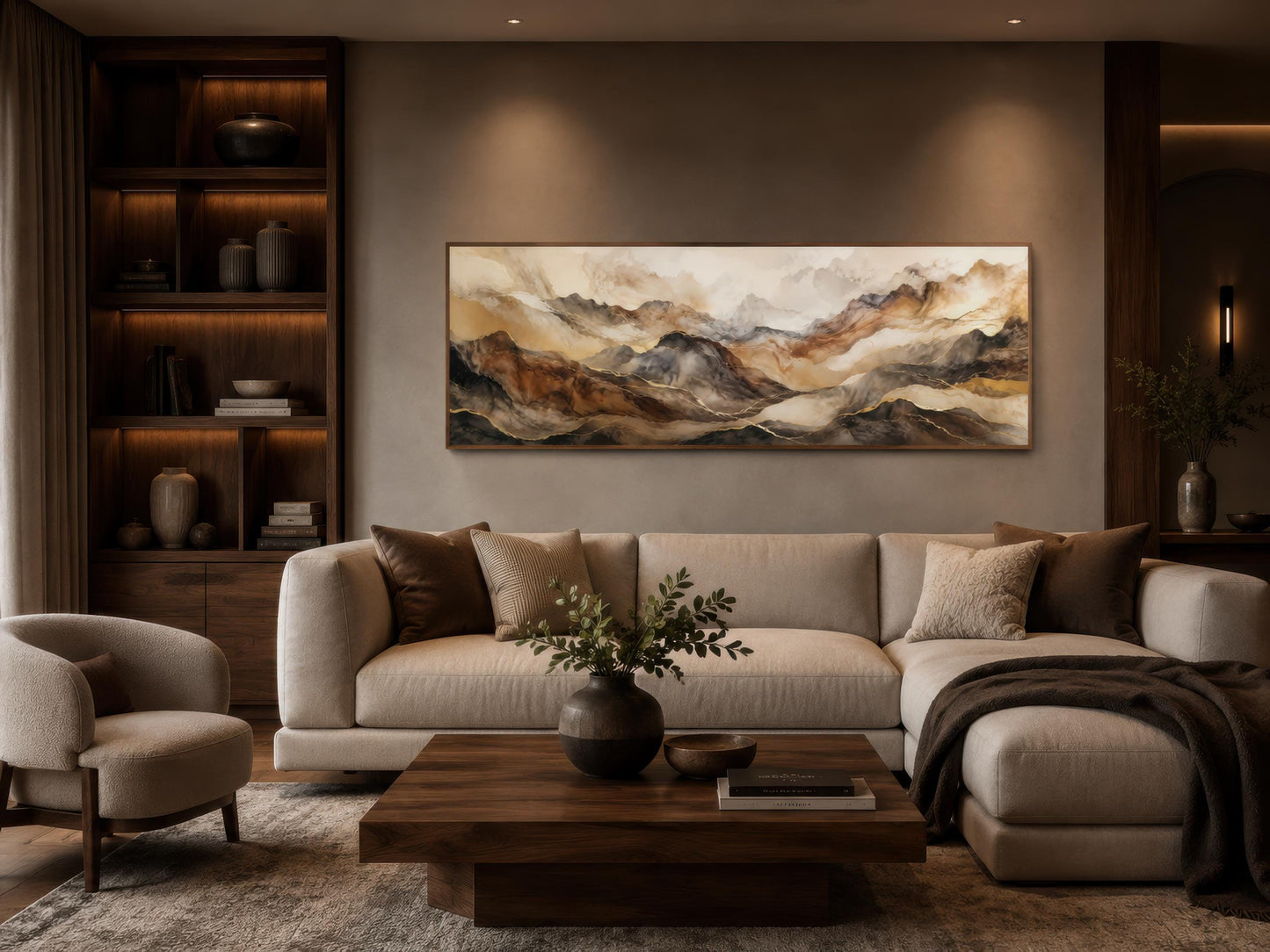 Earthy Abstract Wall Art - Long Horizontal Canvas | Brown Gold Mountain Art