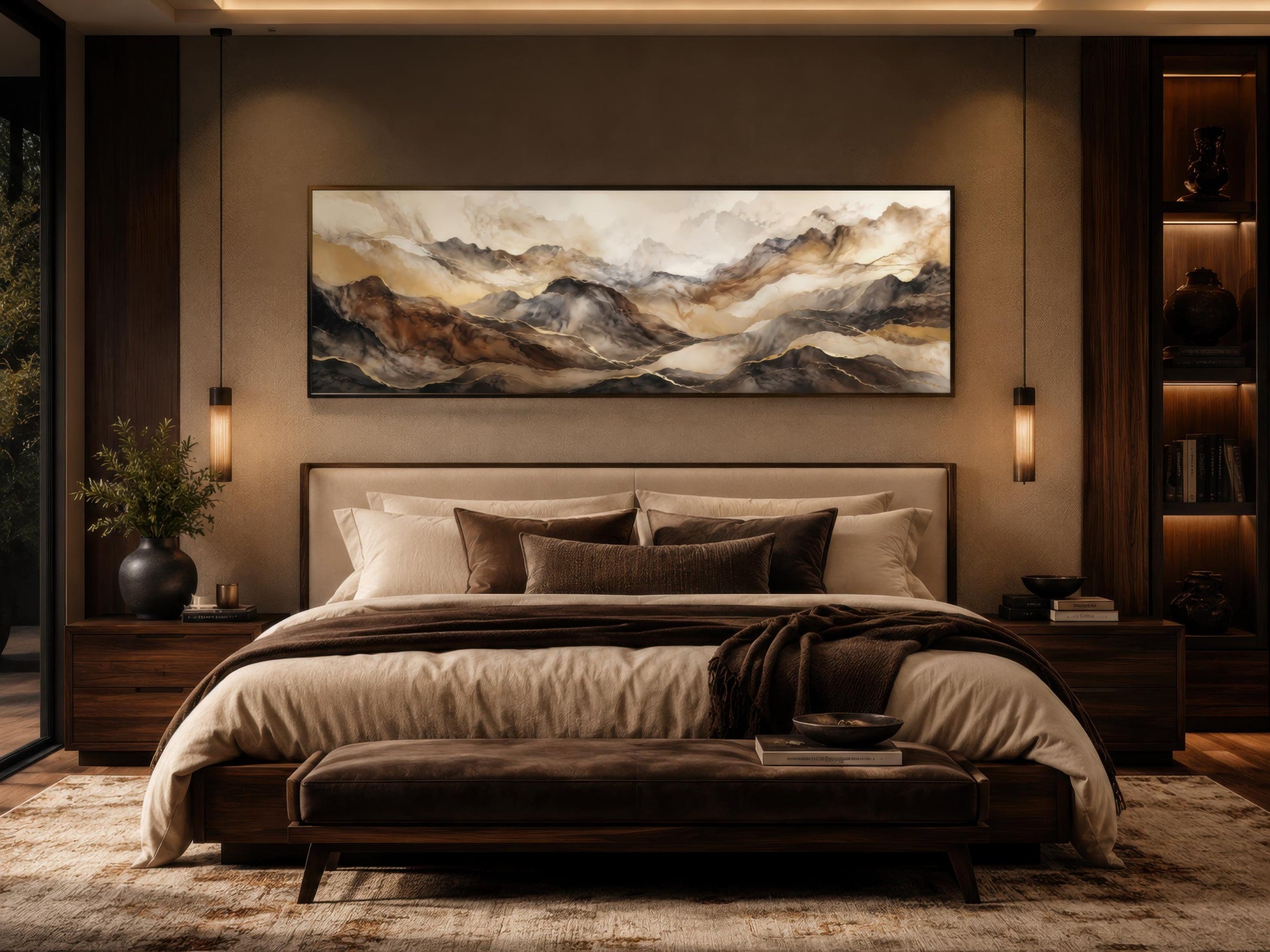 Earthy Abstract Wall Art - Long Horizontal Canvas | Brown Gold Mountain Art
