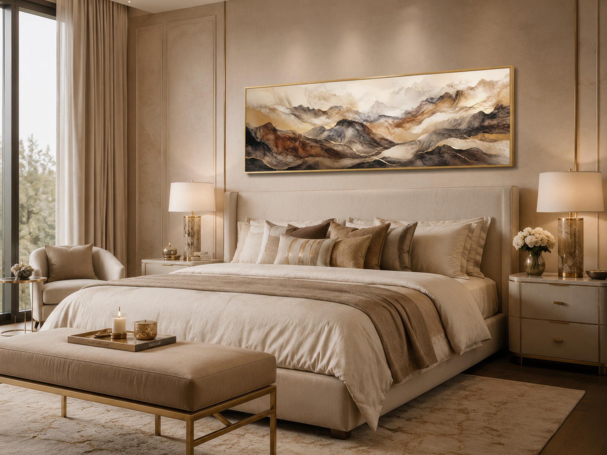 Earthy Abstract Wall Art - Long Horizontal Canvas | Brown Gold Mountain Art
