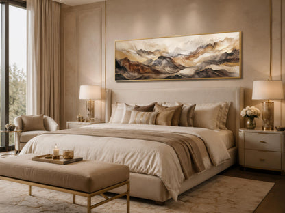 Earthy Abstract Wall Art - Long Horizontal Canvas | Brown Gold Mountain Art