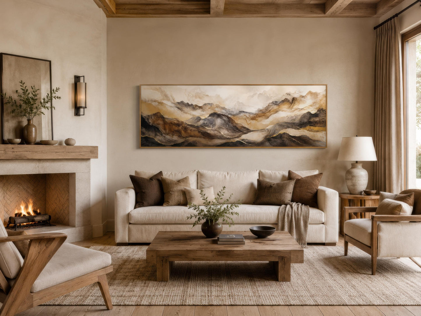 Earthy Abstract Wall Art - Long Horizontal Canvas | Brown Gold Mountain Art