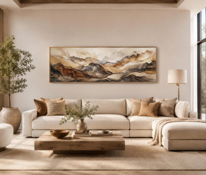 Earthy Abstract Wall Art - Long Horizontal Canvas | Brown Gold Mountain Art