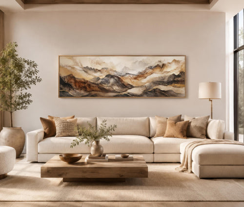 Earthy Abstract Wall Art - Long Horizontal Canvas | Brown Gold Mountain Art