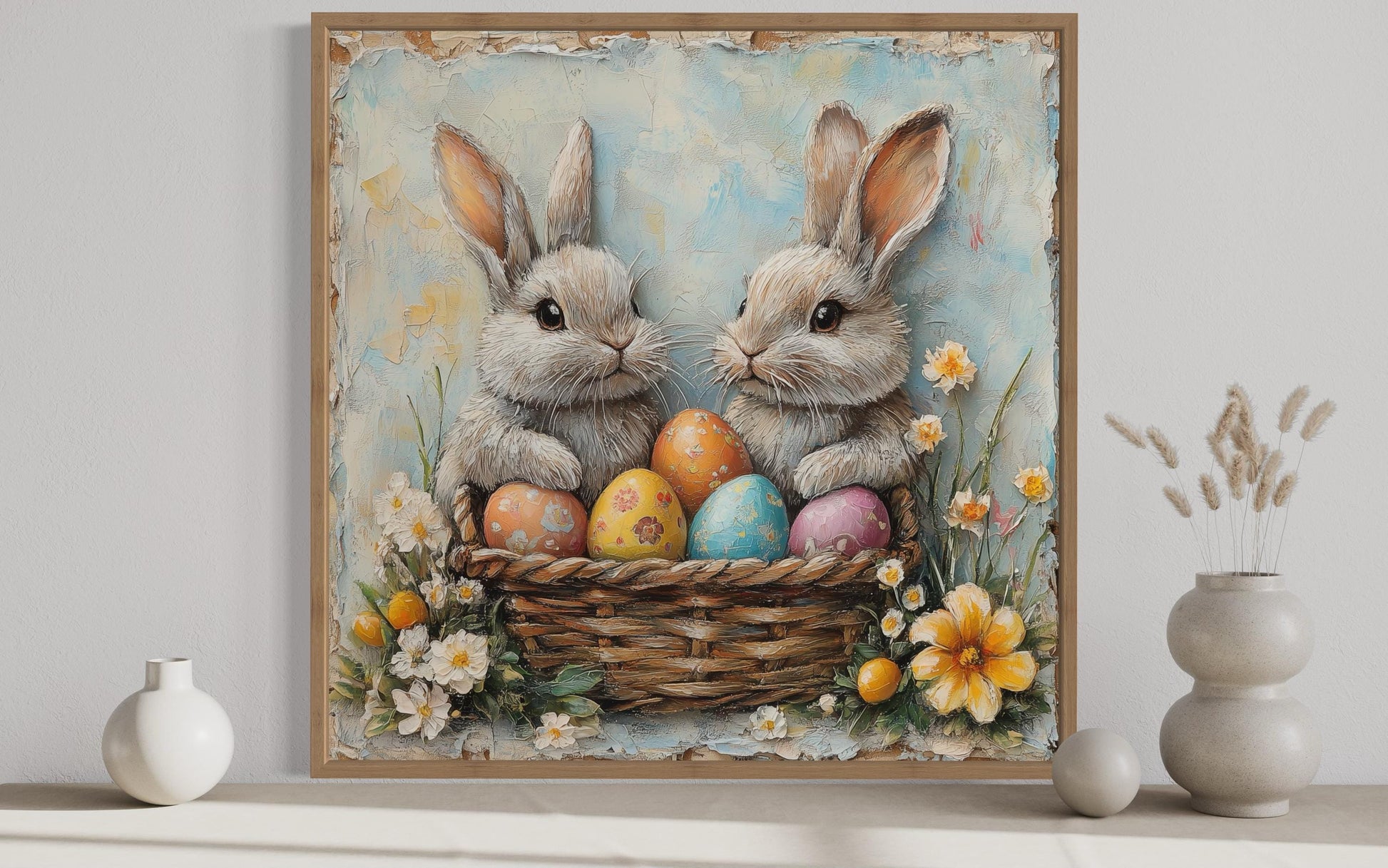 Easter Bunnies With Colorful Eggs In Basket Framed Canvas Wall Art
