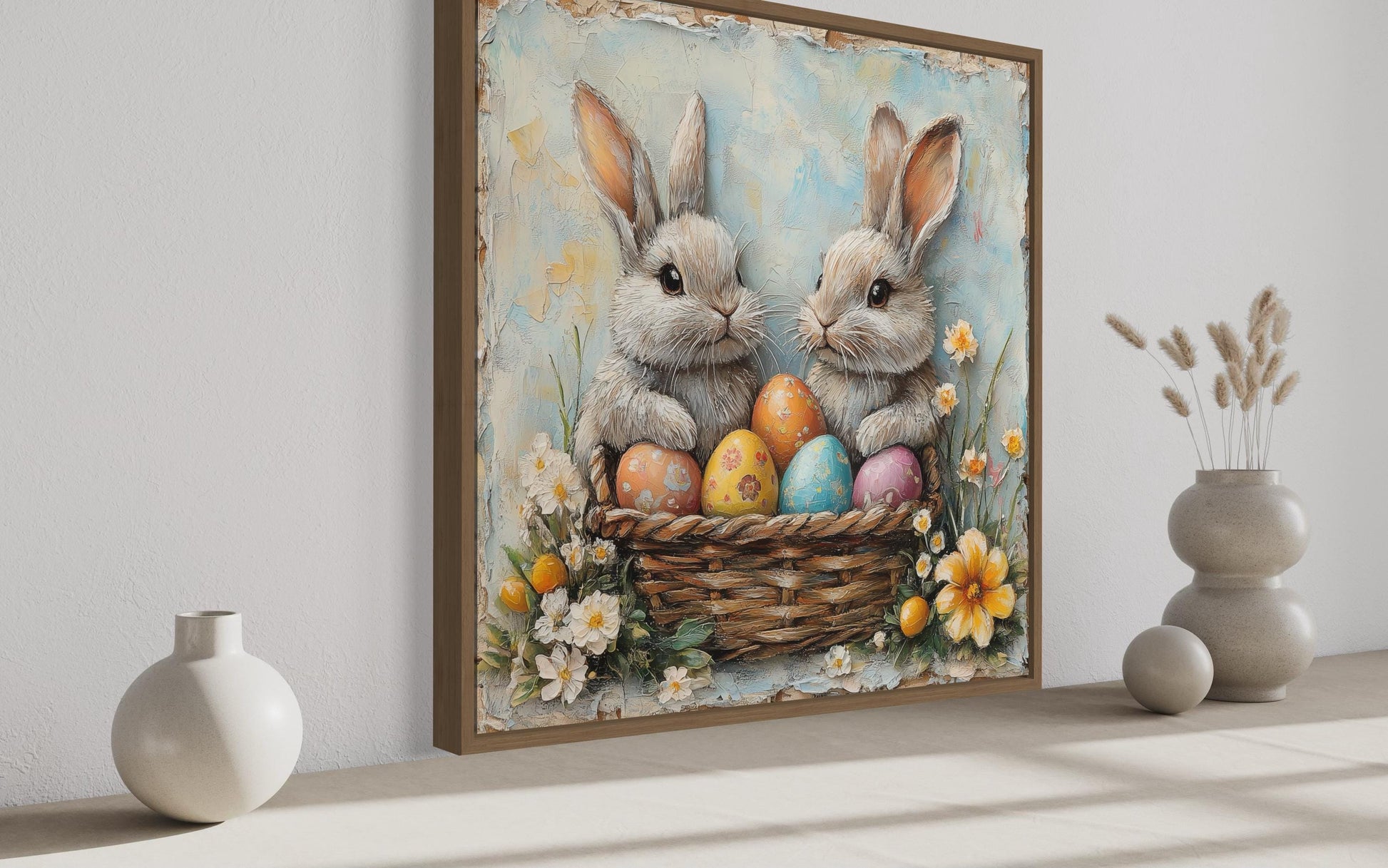 Easter Bunnies With Colorful Eggs In Basket Framed Canvas Wall Art