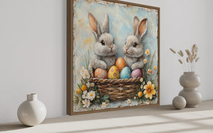 Easter Bunnies With Colorful Eggs In Basket Framed Canvas Wall Art