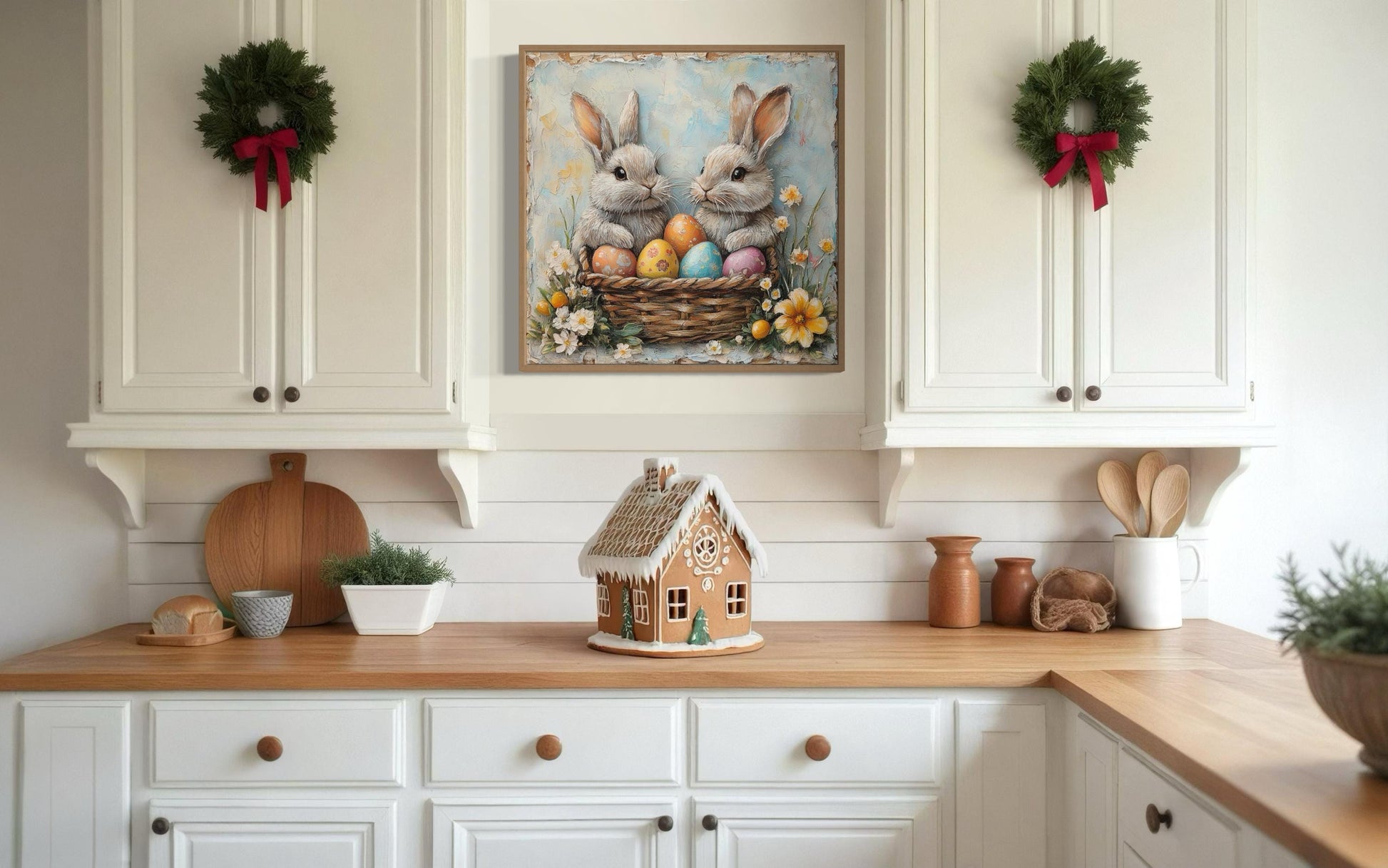Easter Bunnies With Colorful Eggs In Basket Framed Canvas Wall Art