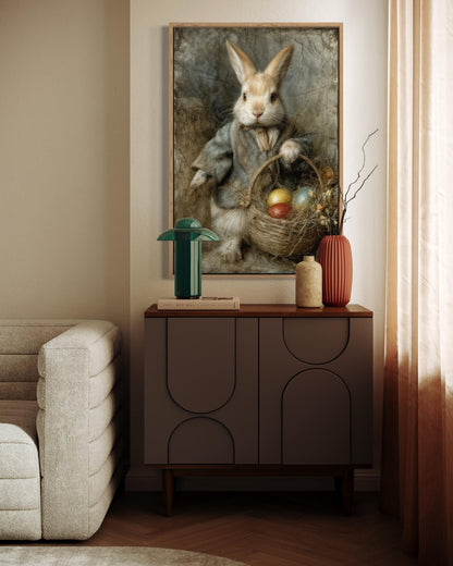 Easter Bunny Wall Art – Vintage Rabbit Painting With Basket of Easter Eggs