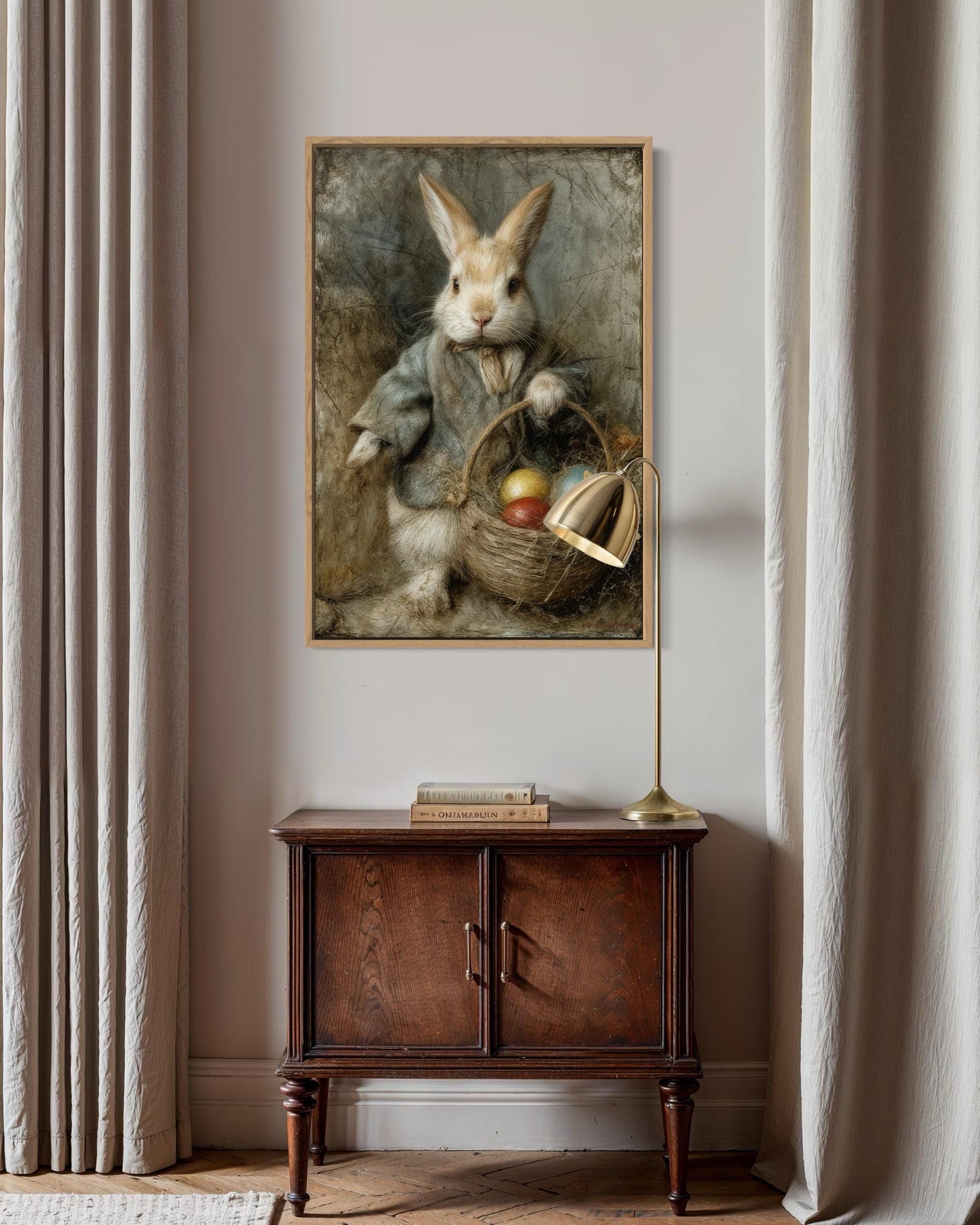 Easter Bunny Wall Art – Vintage Rabbit Painting With Basket of Easter Eggs