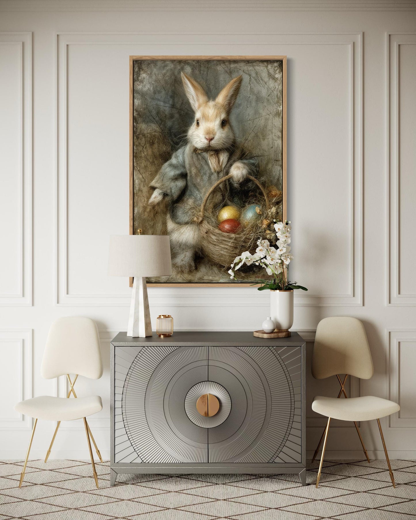 Easter Bunny Wall Art – Vintage Rabbit Painting With Basket of Easter Eggs