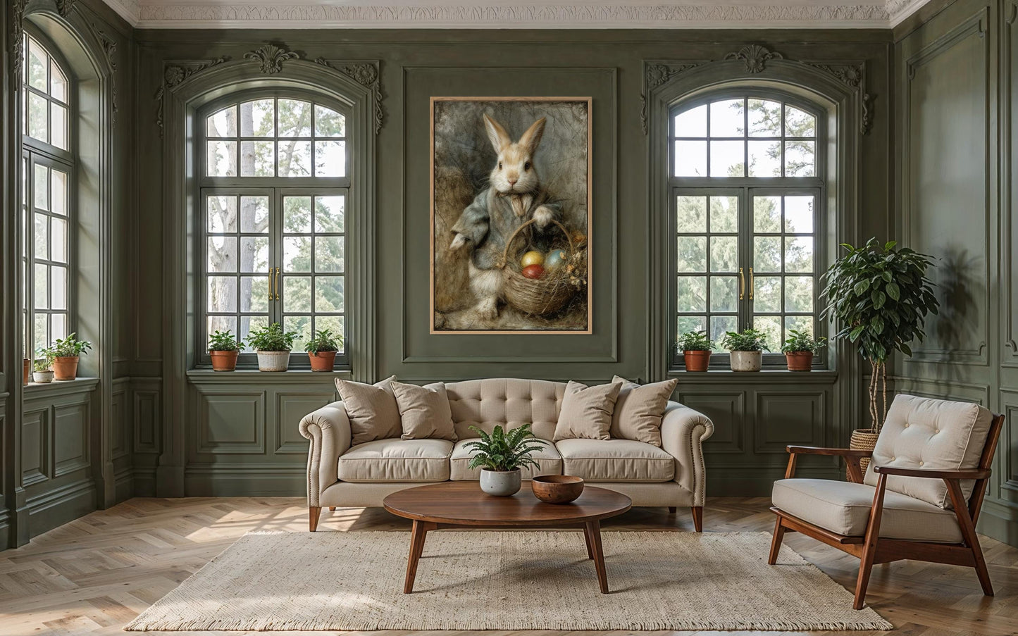 Easter Bunny Wall Art – Vintage Rabbit Painting With Basket of Easter Eggs