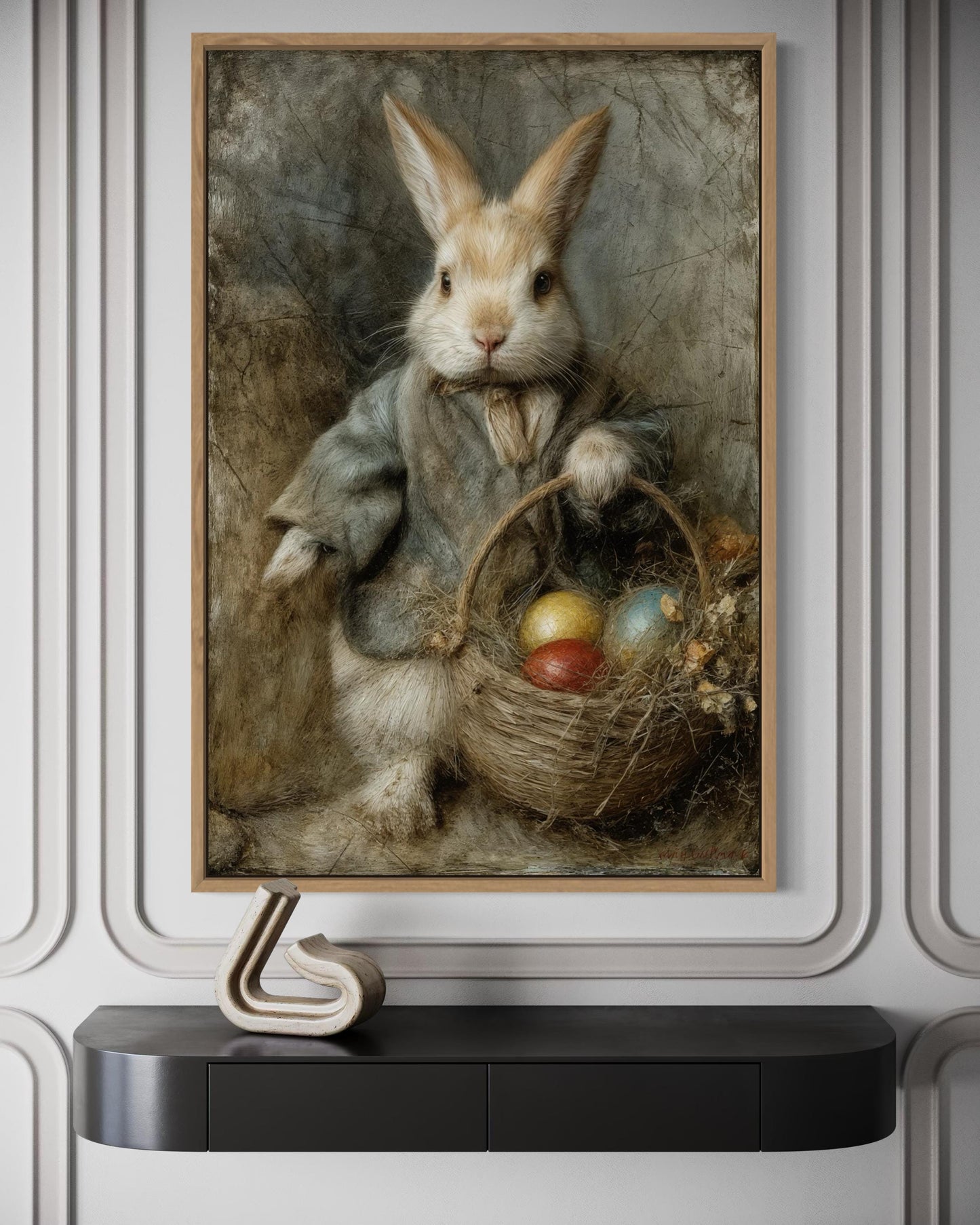 Easter Bunny Wall Art – Vintage Rabbit Painting With Basket of Easter Eggs