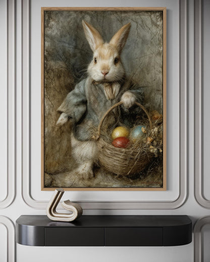 Easter Bunny Wall Art – Vintage Rabbit Painting With Basket of Easter Eggs