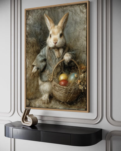 Easter Bunny Wall Art – Vintage Rabbit Painting With Basket of Easter Eggs