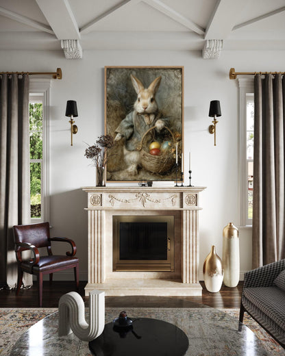 Easter Bunny Wall Art – Vintage Rabbit Painting With Basket of Easter Eggs