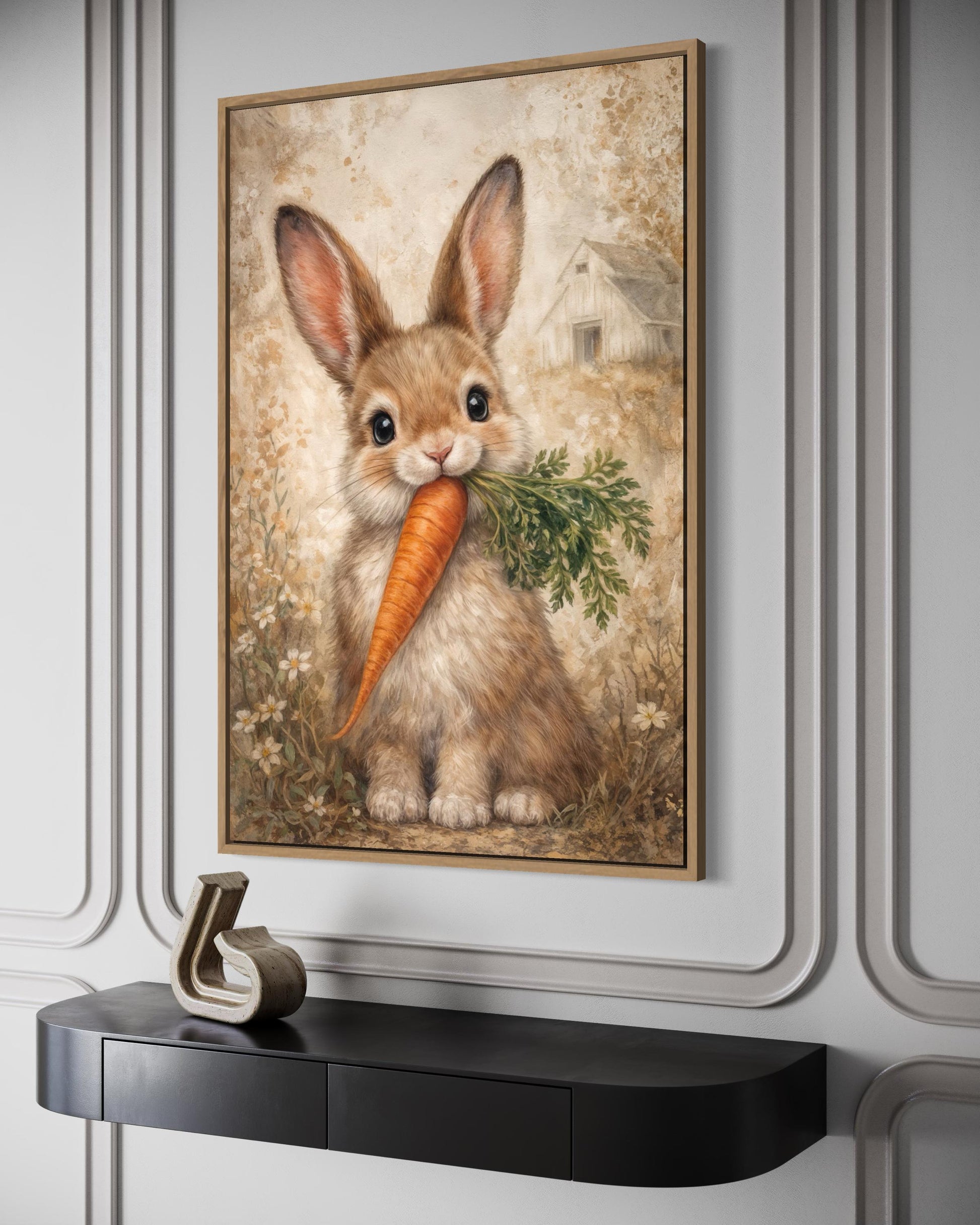 Easter Bunny With Carrot Wall Art - Neutral Bunny Canvas Print | Spring Farmhouse Decor
