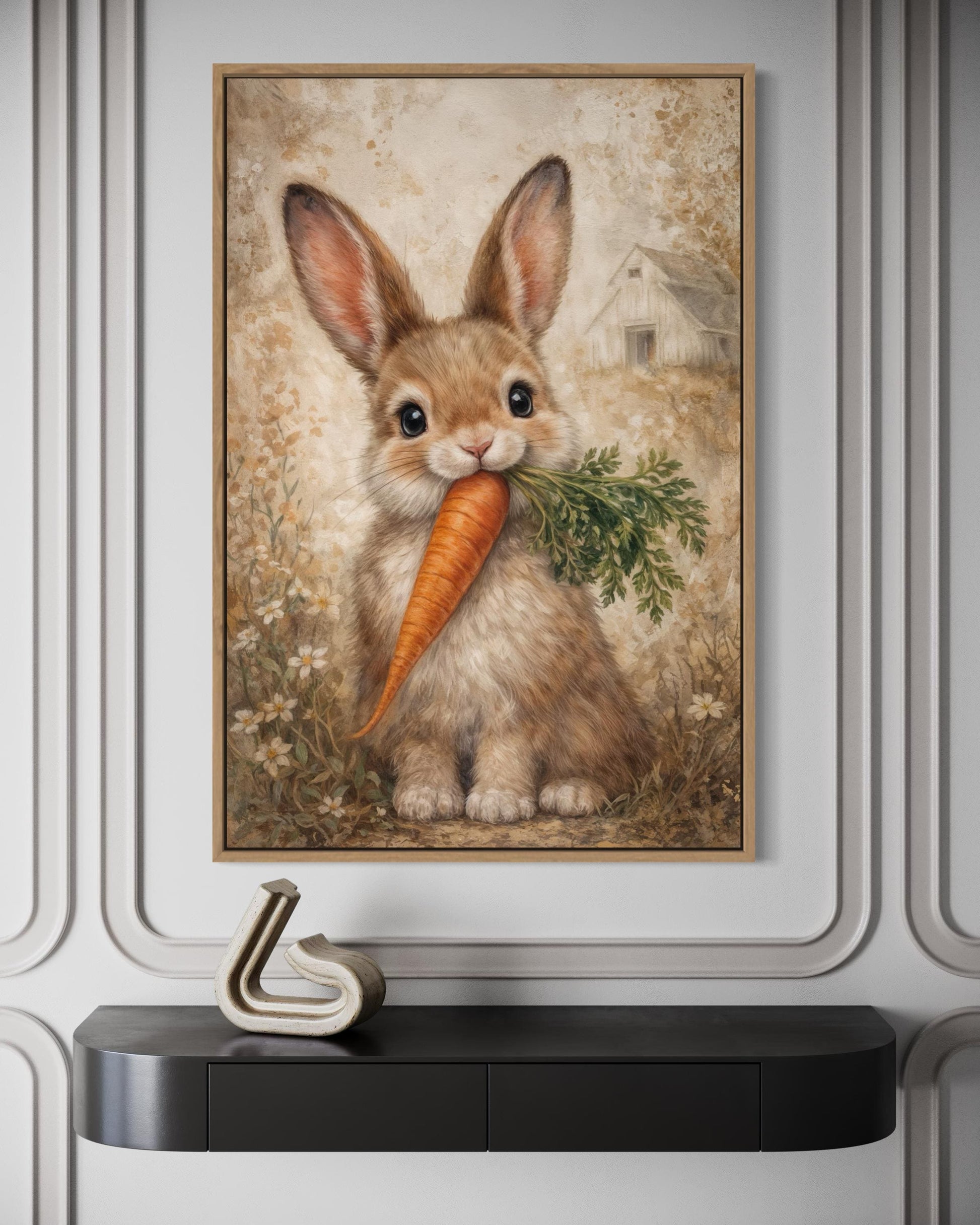 Easter Bunny With Carrot Wall Art - Neutral Bunny Canvas Print | Spring Farmhouse Decor