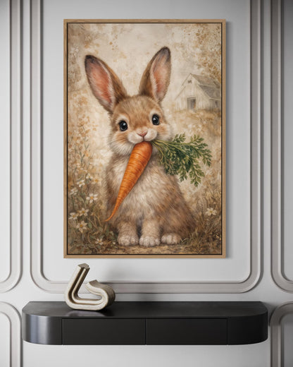 Easter Bunny With Carrot Wall Art - Neutral Bunny Canvas Print | Spring Farmhouse Decor