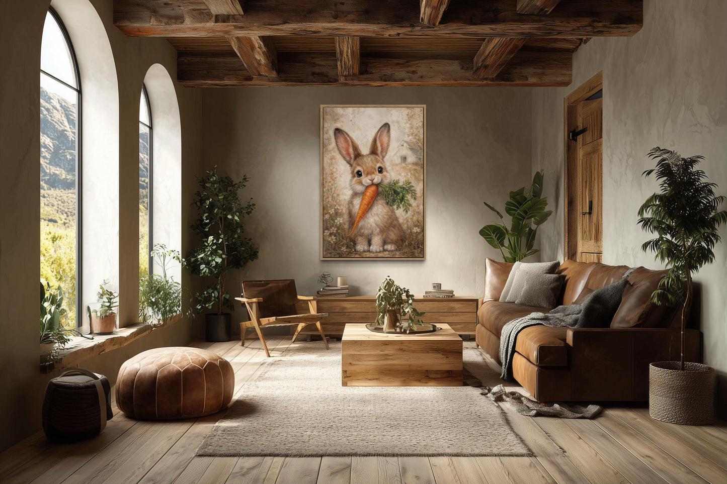 Easter Bunny With Carrot Wall Art - Neutral Bunny Canvas Print | Spring Farmhouse Decor