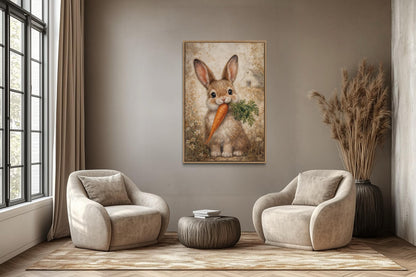 Easter Bunny With Carrot Wall Art - Neutral Bunny Canvas Print | Spring Farmhouse Decor