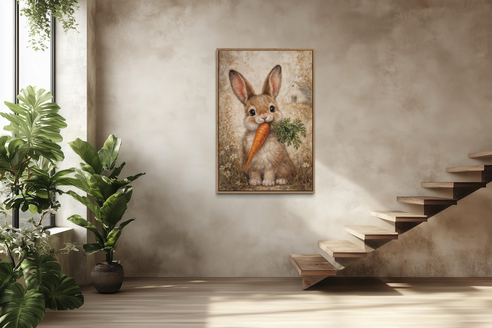 Easter Bunny With Carrot Wall Art - Neutral Bunny Canvas Print | Spring Farmhouse Decor