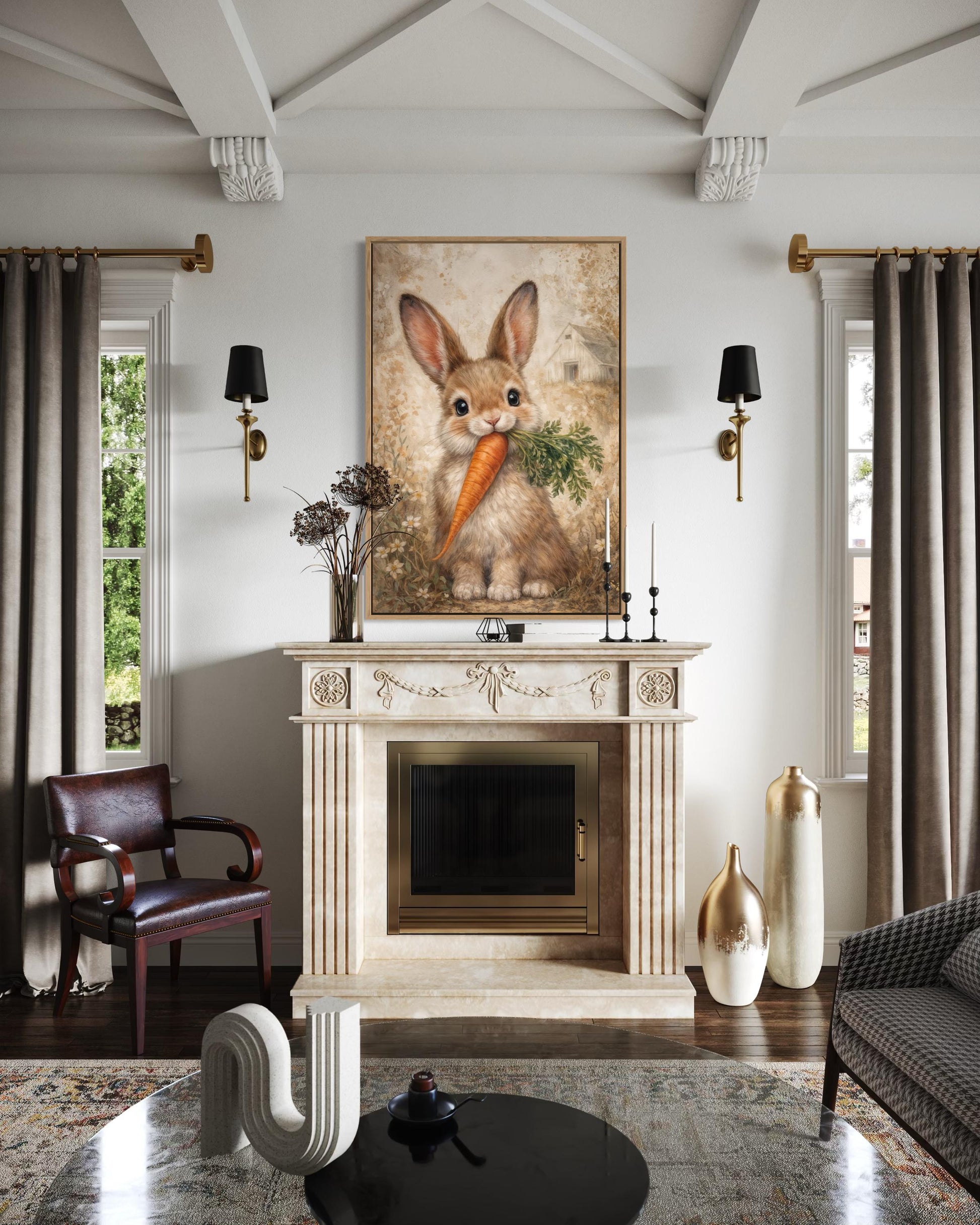 Easter Bunny With Carrot Wall Art - Neutral Bunny Canvas Print | Spring Farmhouse Decor