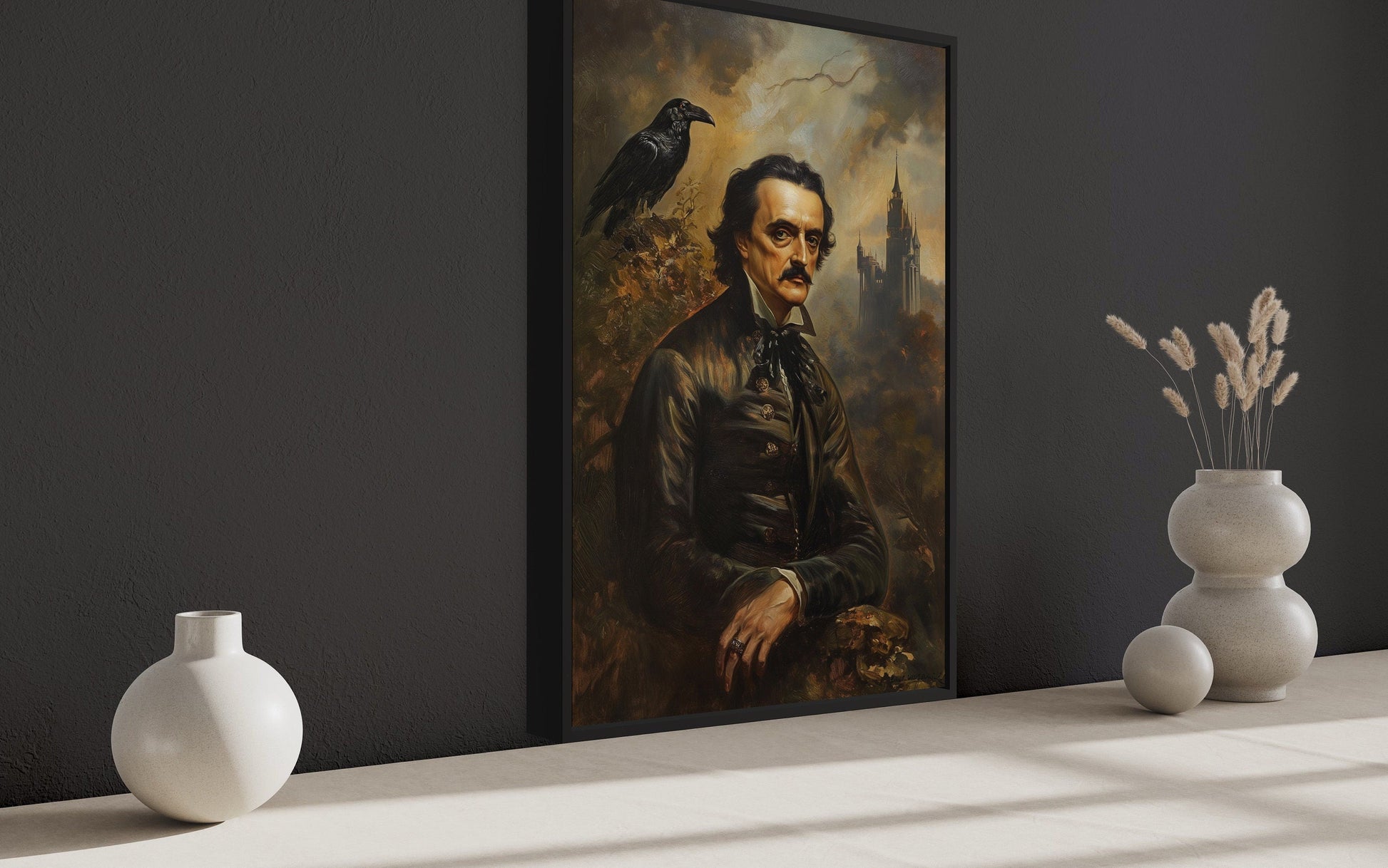 Edgar Allan Poe And Raven Vintage Gothic Framed Canvas Wall Art