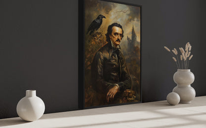 Edgar Allan Poe And Raven Vintage Gothic Framed Canvas Wall Art