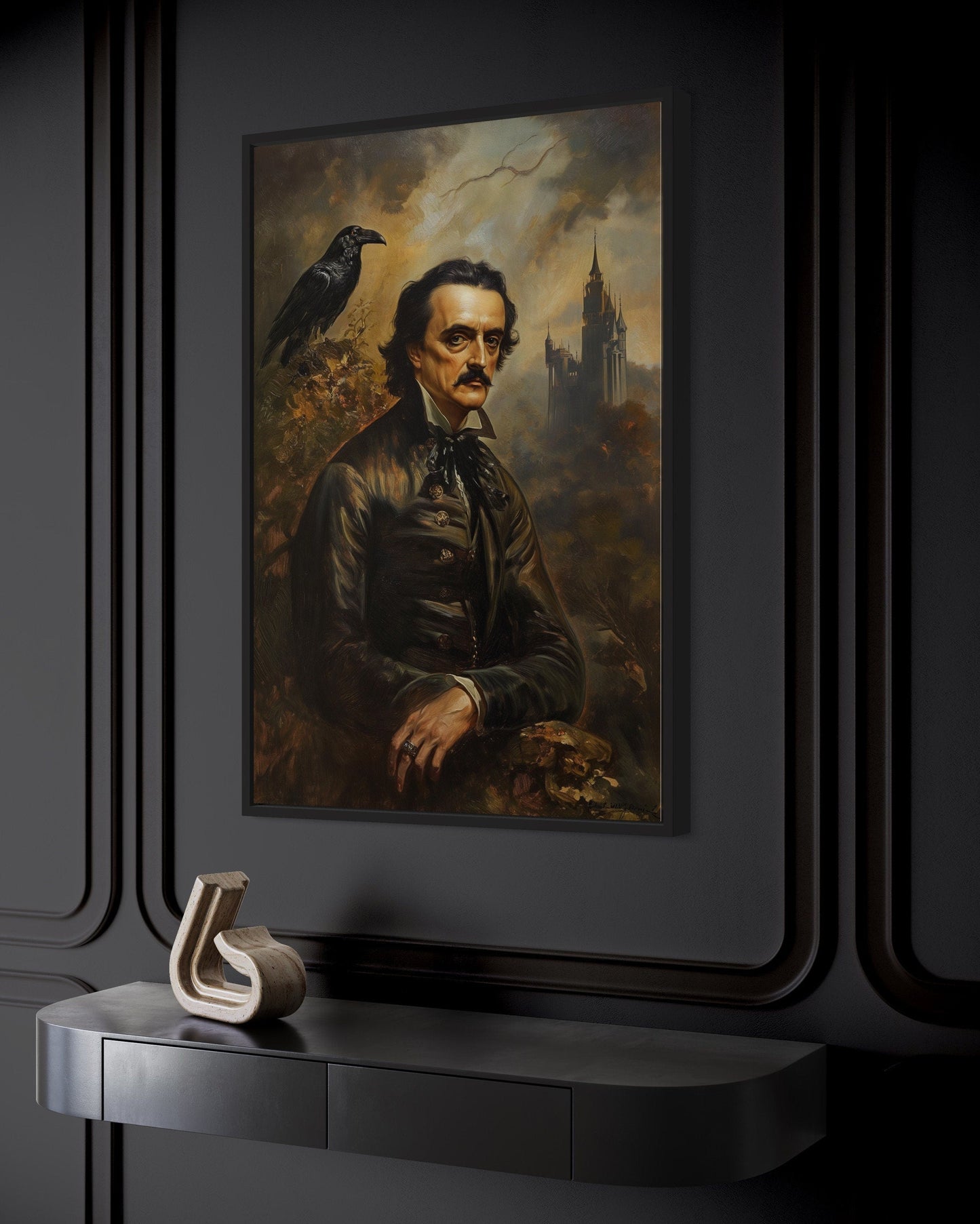 Edgar Allan Poe And Raven Vintage Gothic Framed Canvas Wall Art