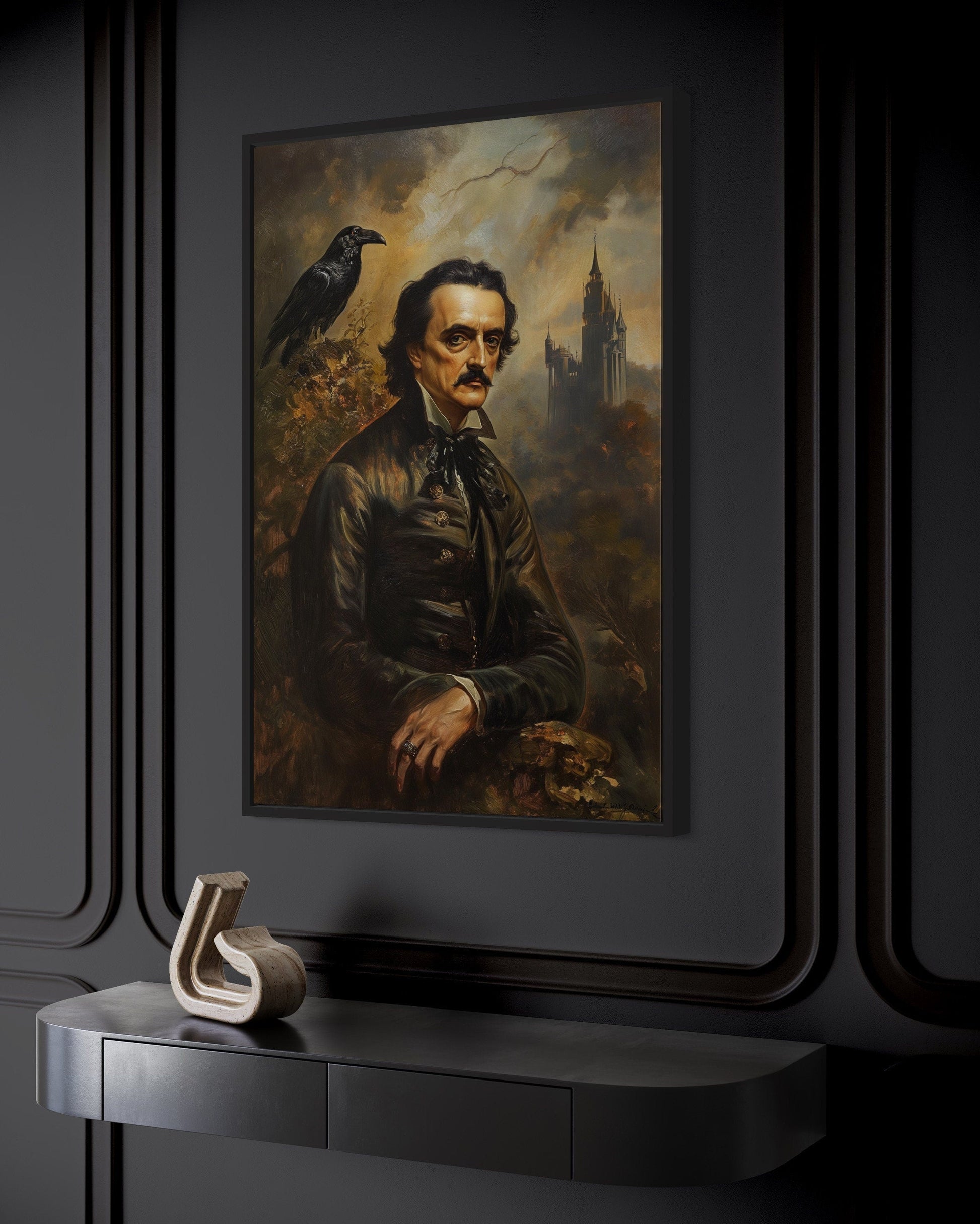 Edgar Allan Poe And Raven Vintage Gothic Framed Canvas Wall Art