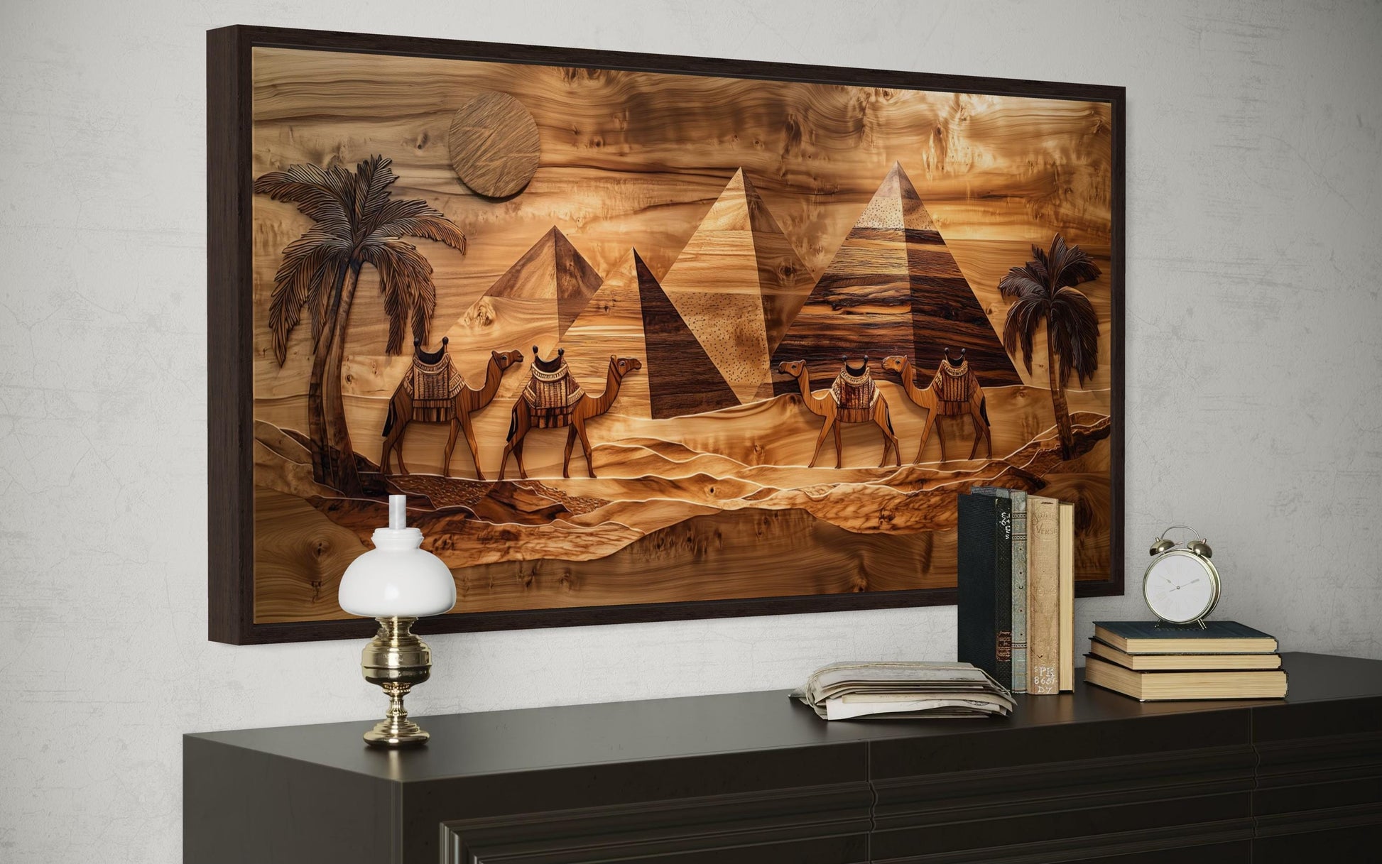 Egypt Wall Art - Camels And Pyramids Desert Scene Wood Painting Canvas Print