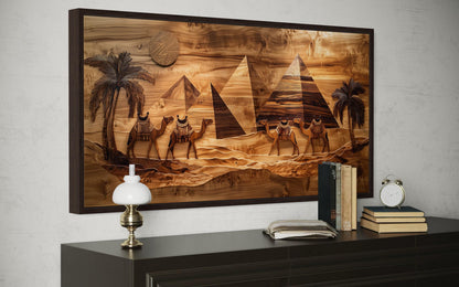 Egypt Wall Art - Camels And Pyramids Desert Scene Wood Painting Canvas Print