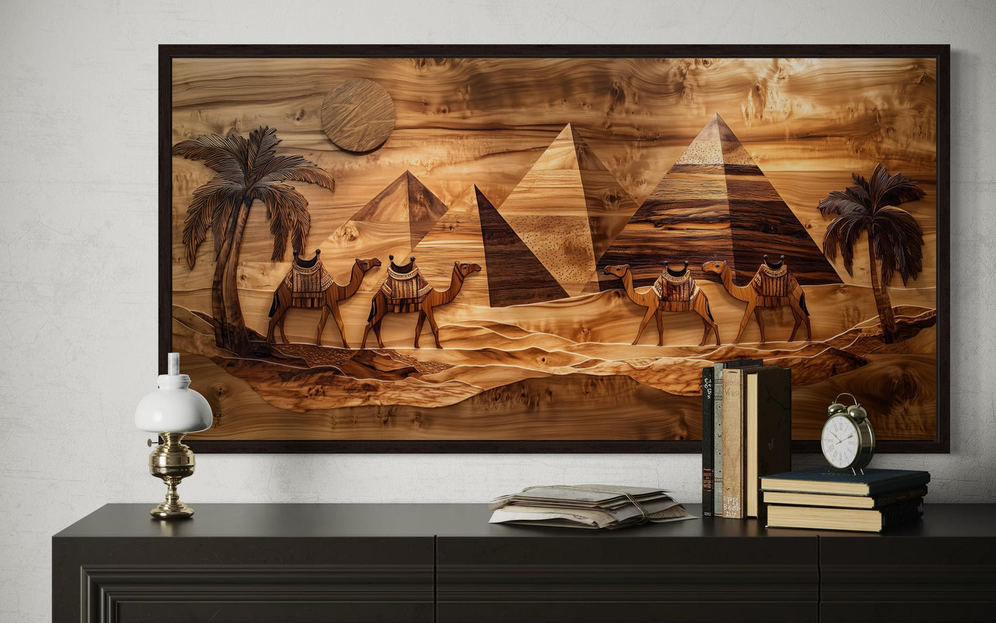 Egypt Wall Art - Camels And Pyramids Desert Scene Wood Painting Canvas Print