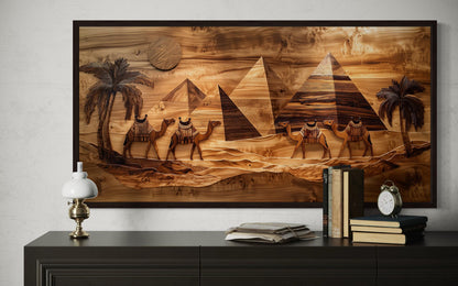 Egypt Wall Art - Camels And Pyramids Desert Scene Wood Painting Canvas Print