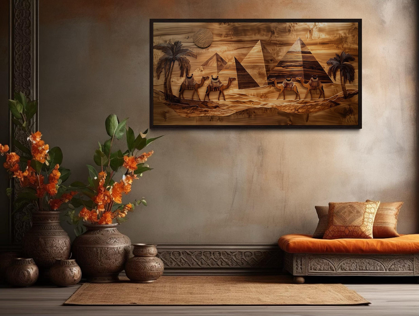 Egypt Wall Art - Camels And Pyramids Desert Scene Wood Painting Canvas Print
