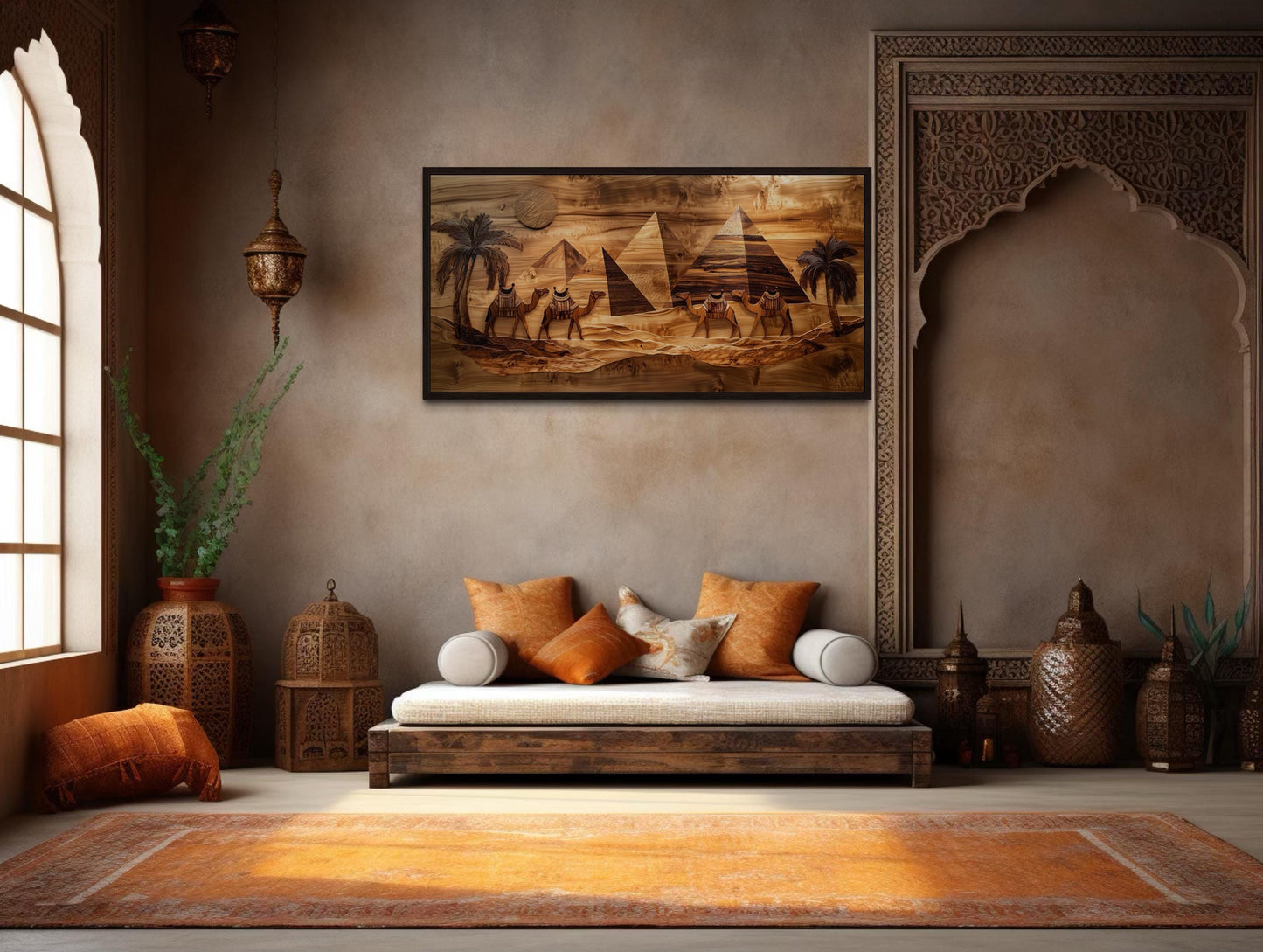 Egypt Wall Art - Camels And Pyramids Desert Scene Wood Painting Canvas Print