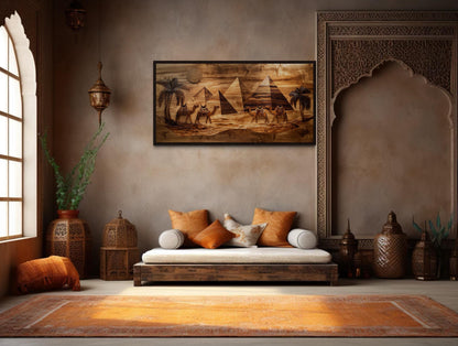 Egypt Wall Art - Camels And Pyramids Desert Scene Wood Painting Canvas Print