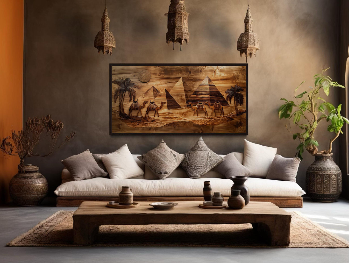 Egypt Wall Art - Camels And Pyramids Desert Scene Wood Painting Canvas Print
