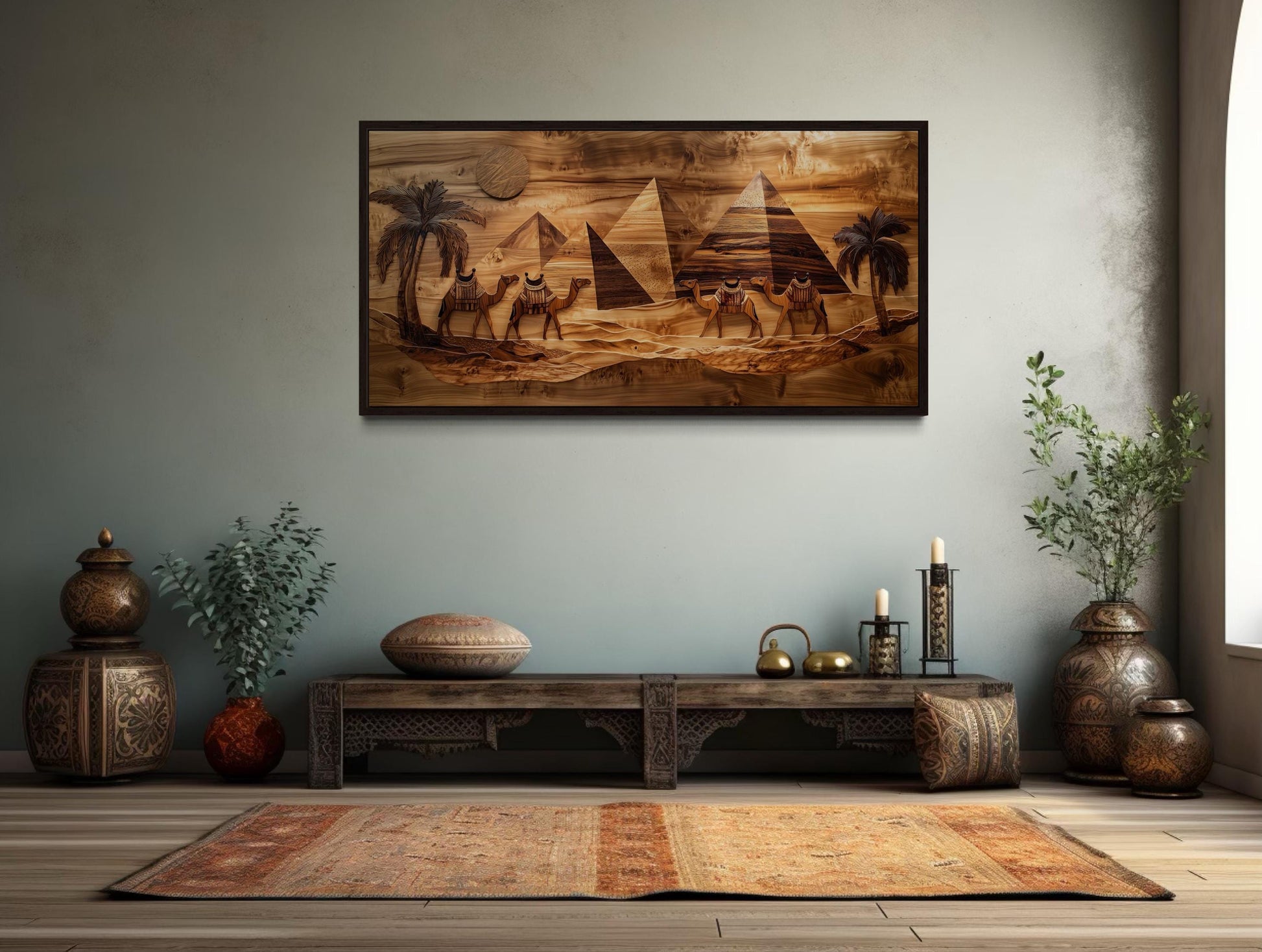 Egypt Wall Art - Camels And Pyramids Desert Scene Wood Painting Canvas Print