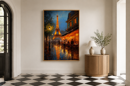 Eiffel Tower And Paris Street Cafe Framed Canvas Wall Art