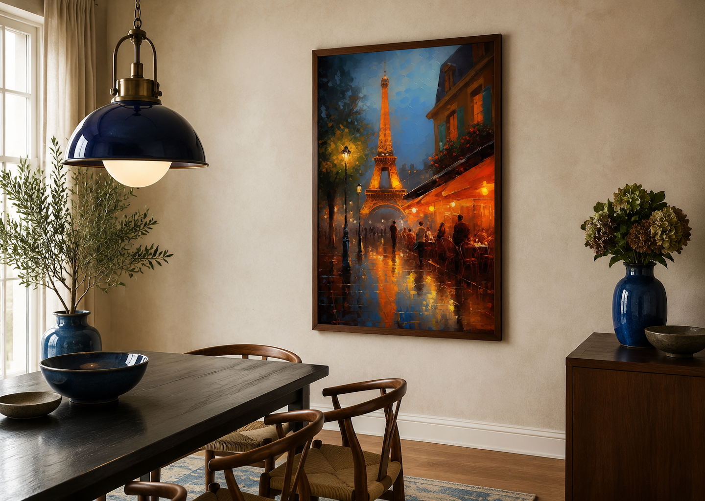 Eiffel Tower And Paris Street Cafe Framed Canvas Wall Art
