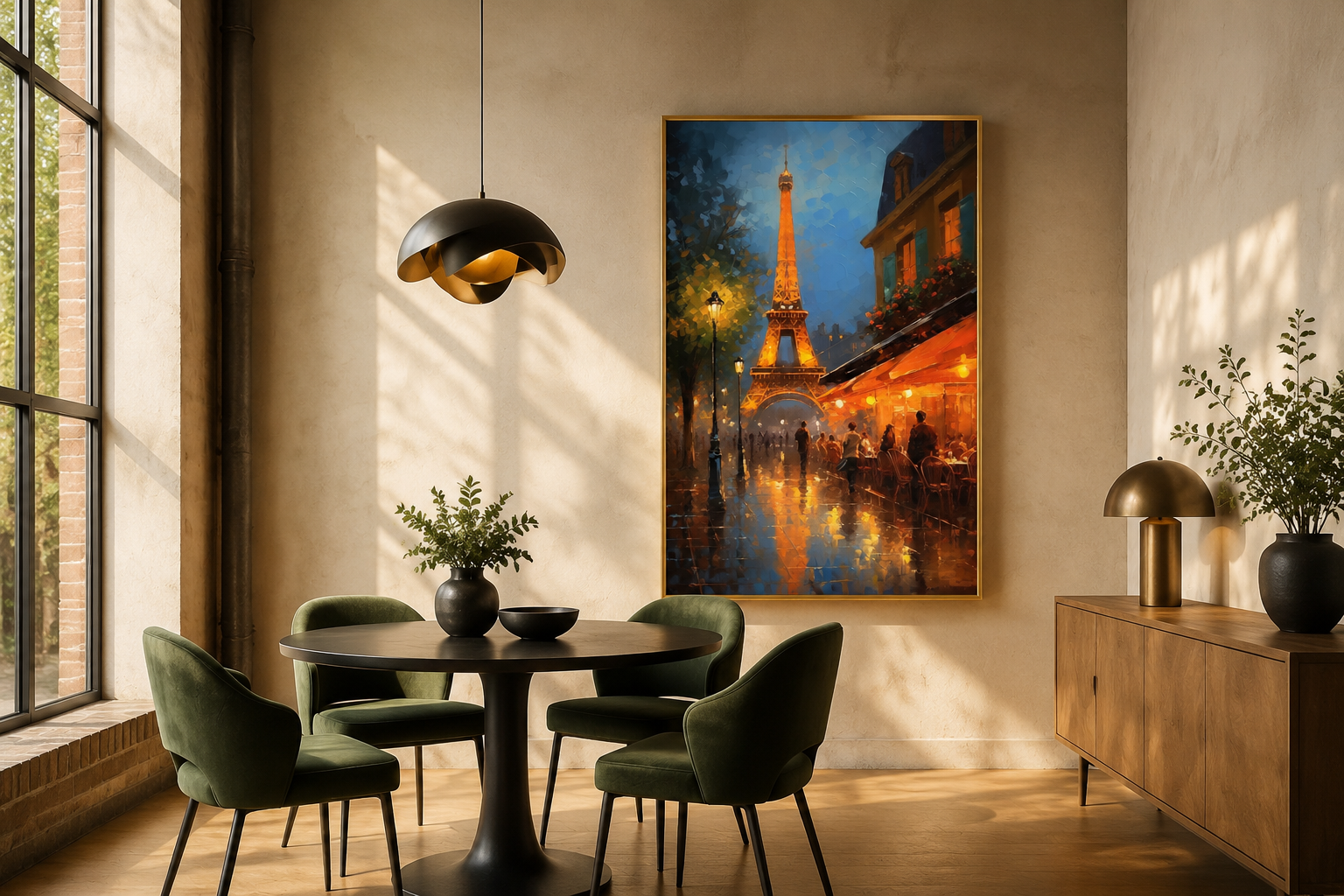Eiffel Tower And Paris Street Cafe Framed Canvas Wall Art