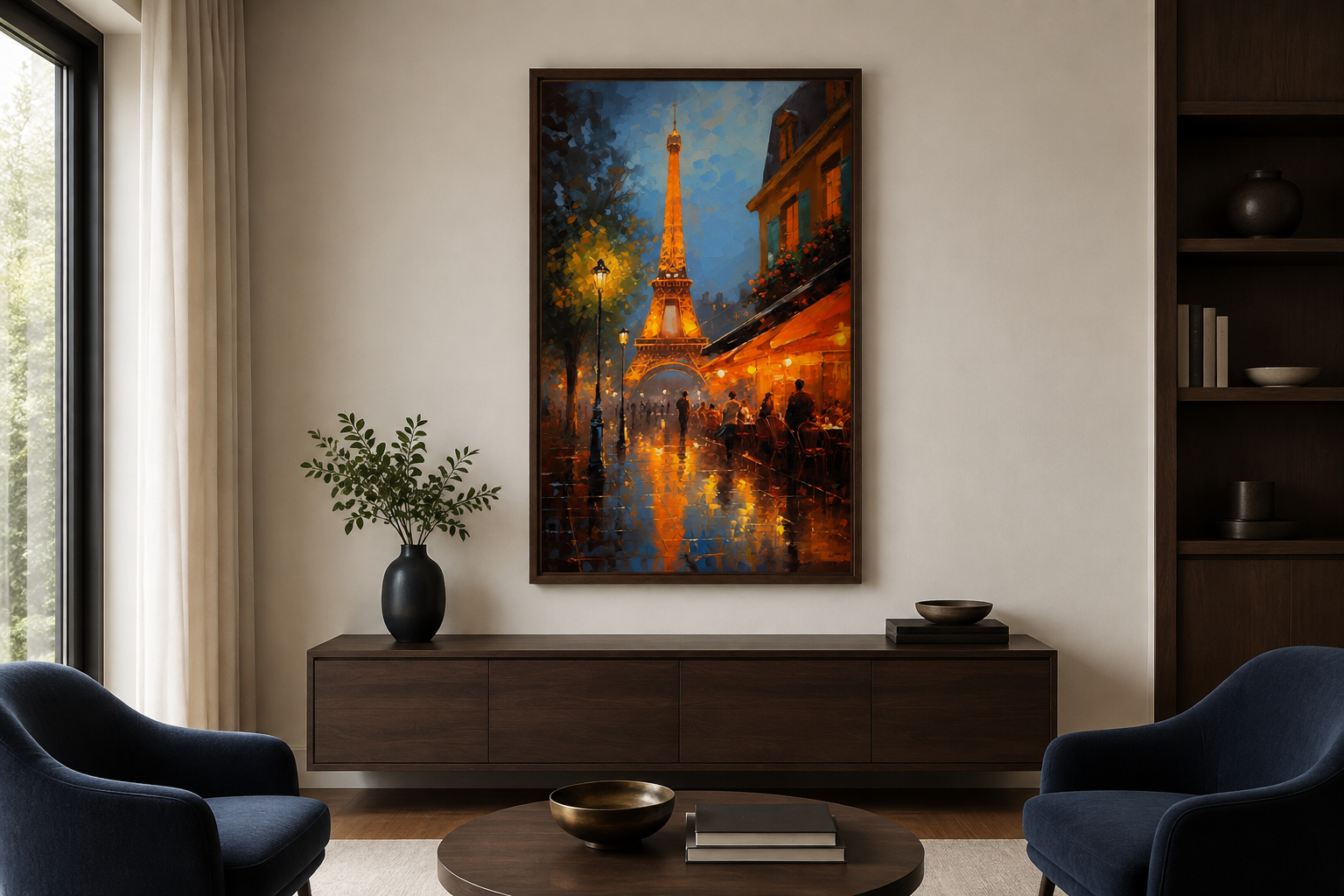 Eiffel Tower And Paris Street Cafe Framed Canvas Wall Art
