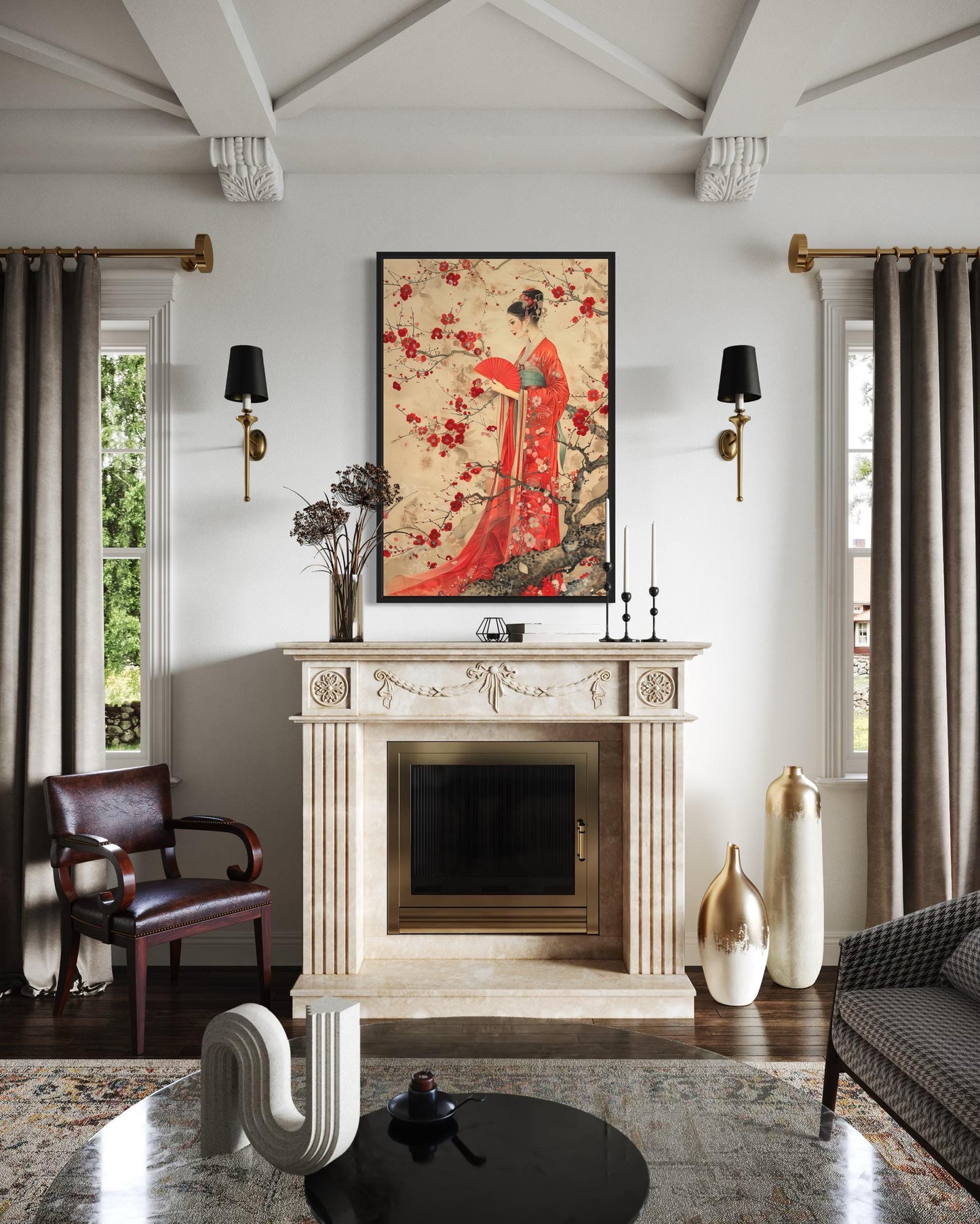 Elegant Chinese Woman And Plum Blossom Framed Canvas Wall Art