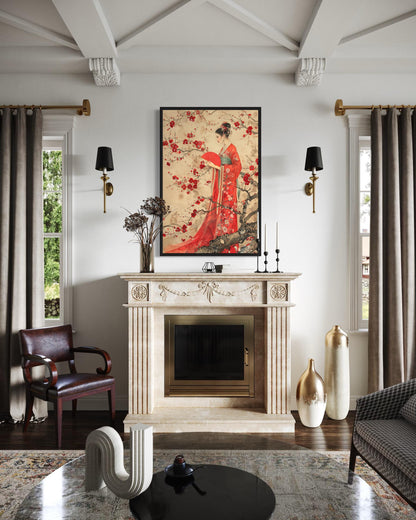 Elegant Chinese Woman And Plum Blossom Framed Canvas Wall Art