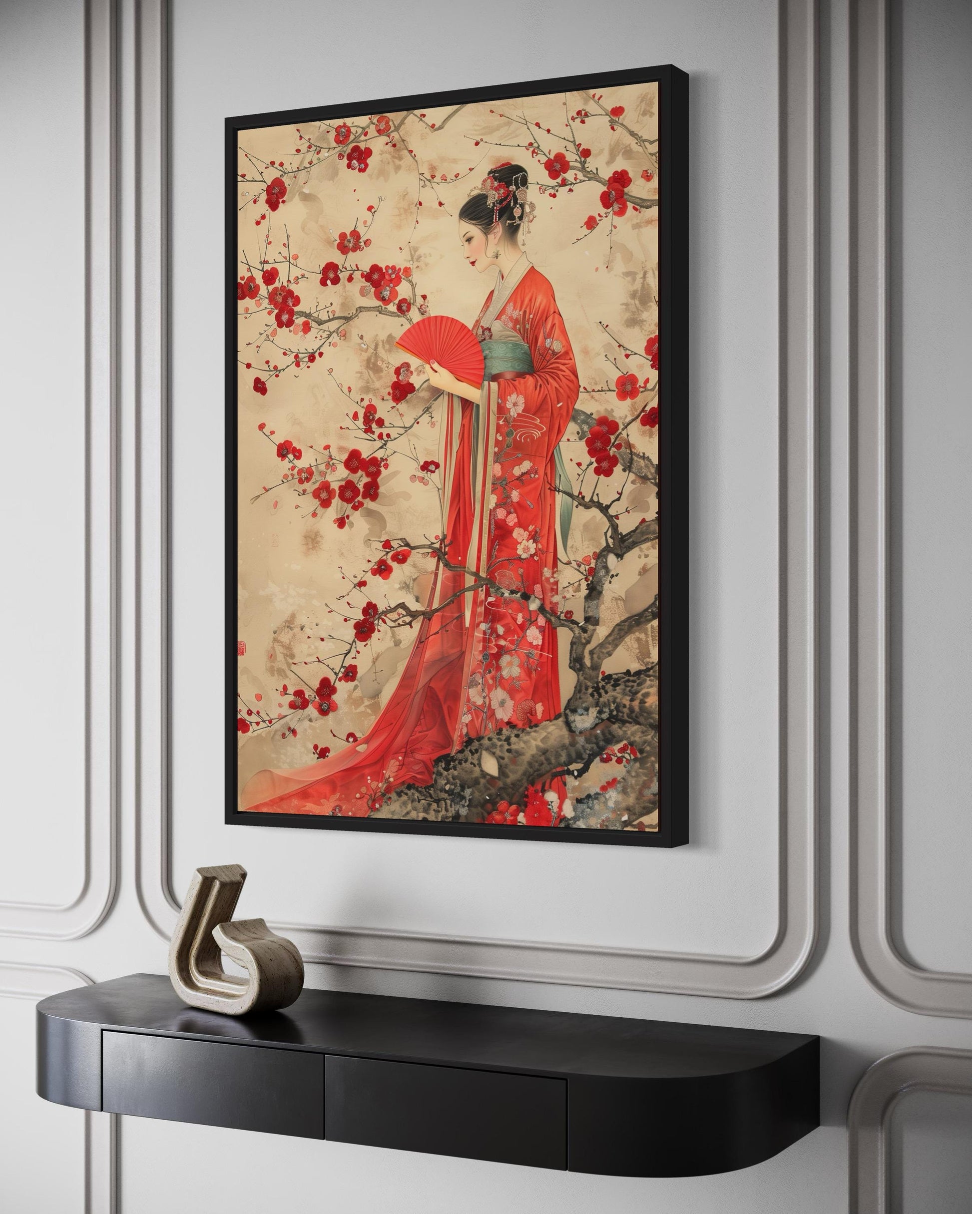 Elegant Chinese Woman And Plum Blossom Framed Canvas Wall Art