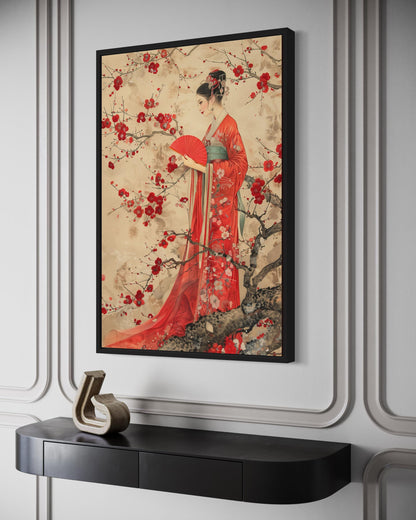 Elegant Chinese Woman And Plum Blossom Framed Canvas Wall Art