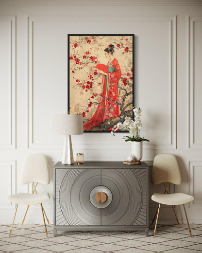 Elegant Chinese Woman And Plum Blossom Framed Canvas Wall Art