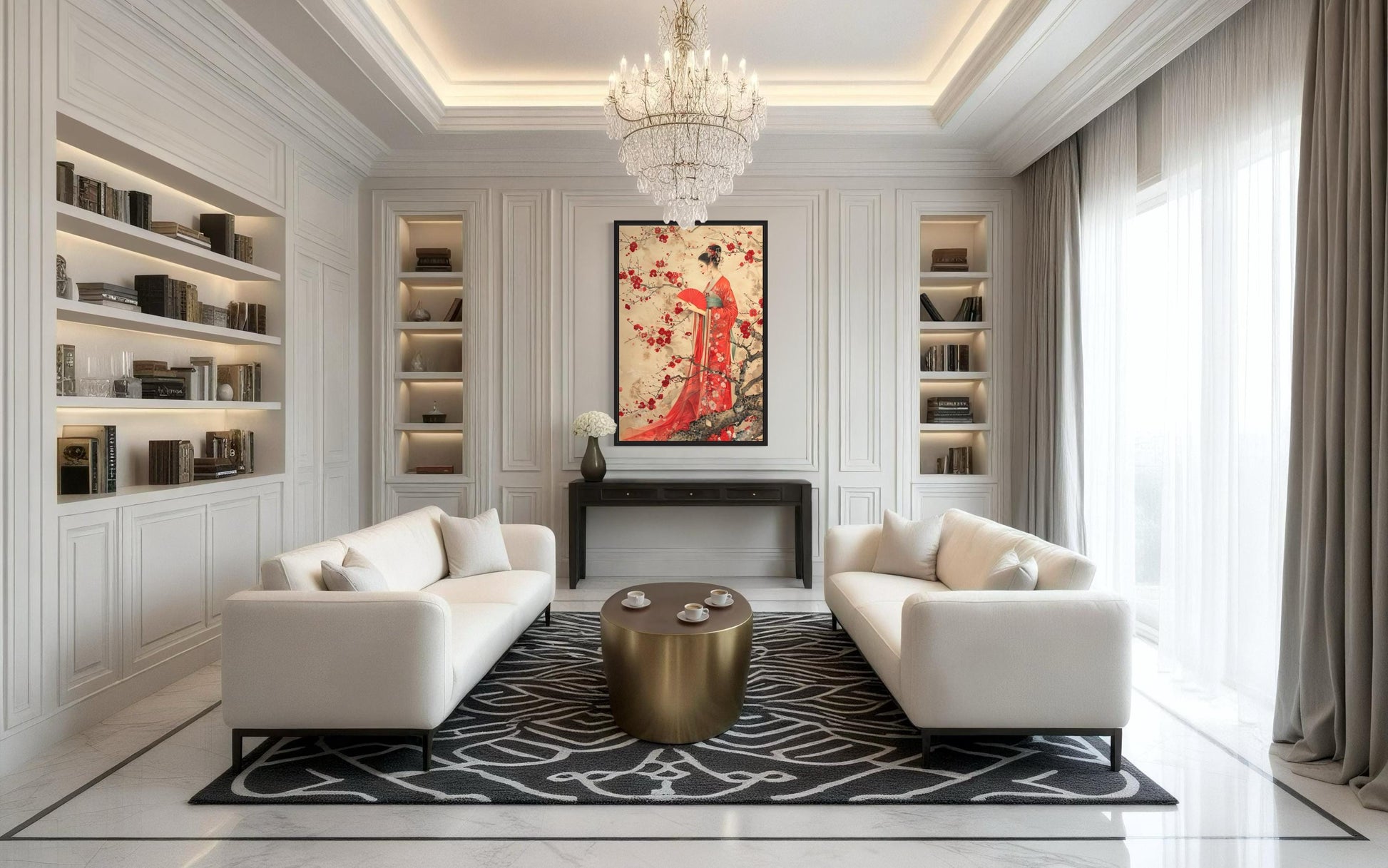 Elegant Chinese Woman And Plum Blossom Framed Canvas Wall Art