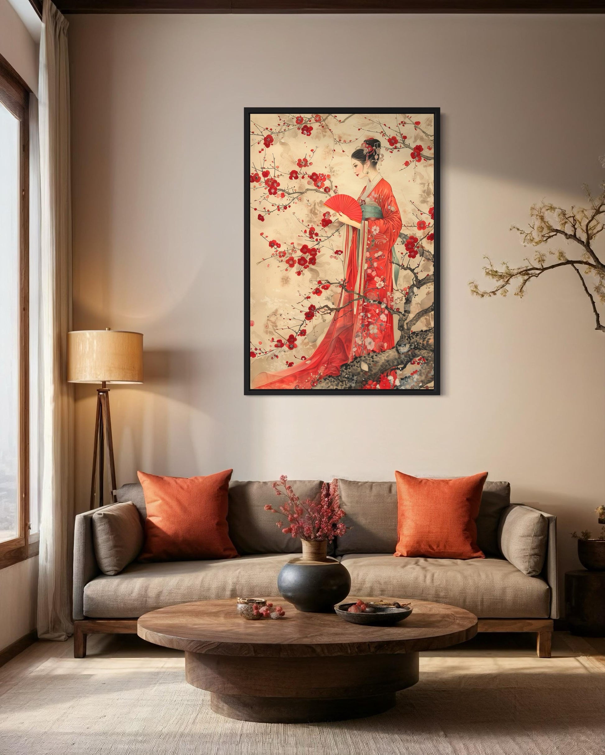 Elegant Chinese Woman And Plum Blossom Framed Canvas Wall Art
